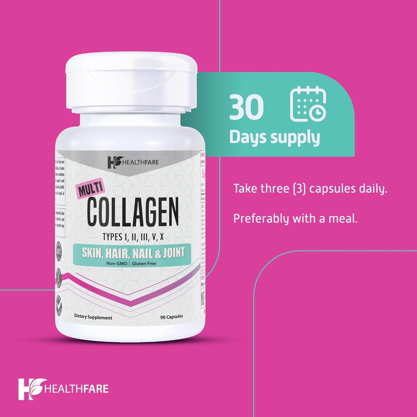 Healthfare Multi Collagen Peptides Tablets - 90 Count - Skin, Hair, & Joint Health Support with MSM, Aloe Vera, Saw Palmetto, Keratin, Vitamin C & E - Non-GMO - Made in USA