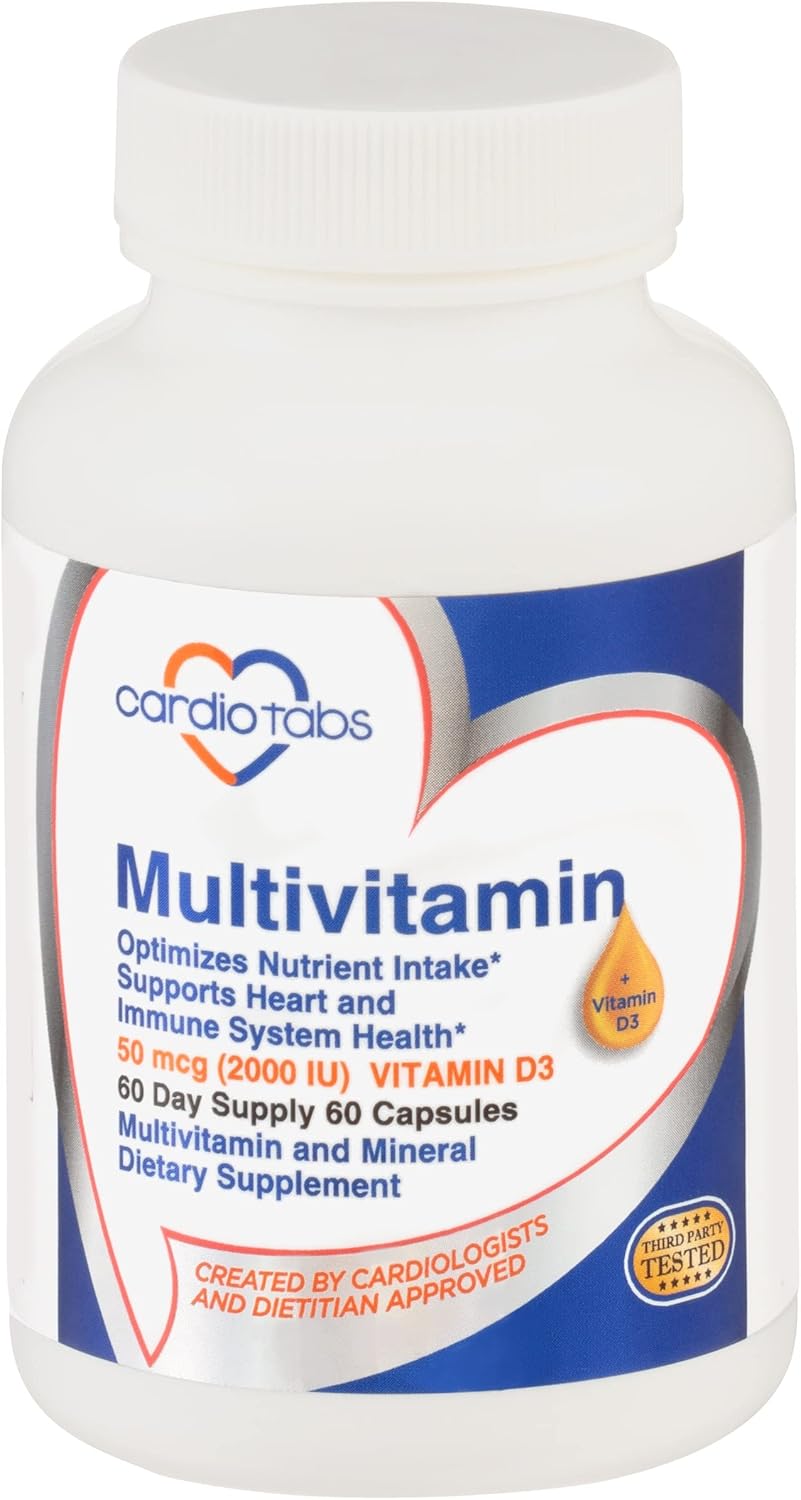 Heart and Immunity Multivitamin with B-Vitamins, Vitamins A, C, E, K, D3 - 60 Count Bottle for Men & Women