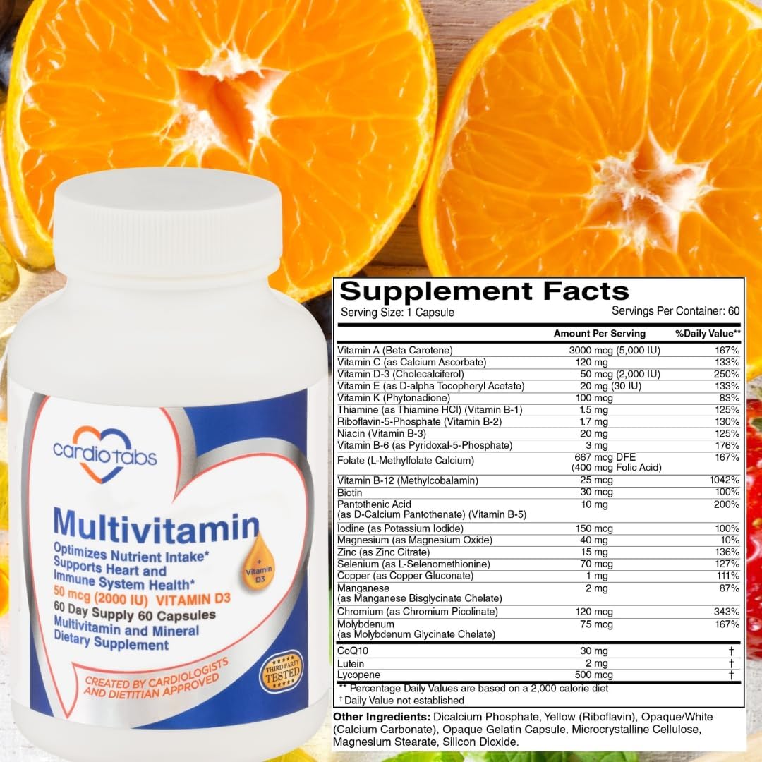 Heart and Immunity Multivitamin with B-Vitamins, Vitamins A, C, E, K, D3 - 60 Count Bottle for Men & Women