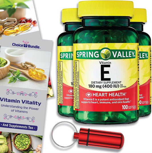 Heart Health Bundle: 3 Packs of Spring Valley Vitamin E Softgels (400 IU, 100 CT) + "Vitamin Vitality" Guide & Pill Container