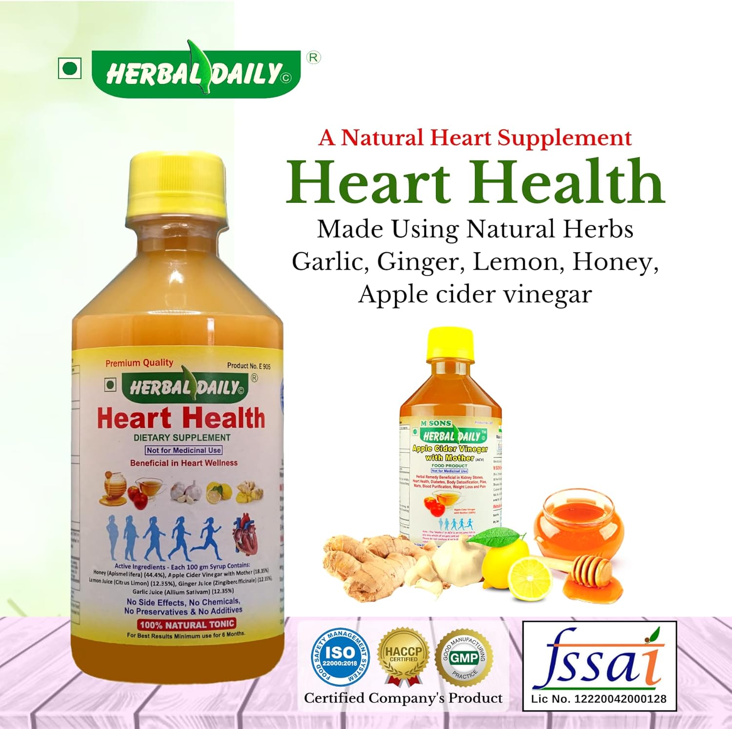 Heart Health Dietary Supplement with Apple Cider Vinegar, Garlic Juice, Ginger, Lemon, and Honey - 400 ml Bottle - Lower Cholesterol and Support Heart Wellness