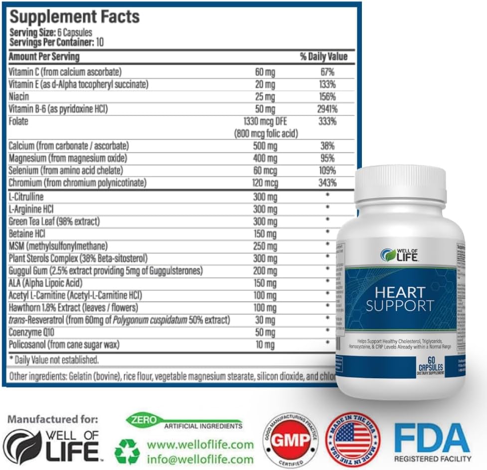 Heart Health Support: 60 Veg Capsules for Normal Cholesterol & Triglyceride Levels - USA Made, GMP Certified, Non-GMO