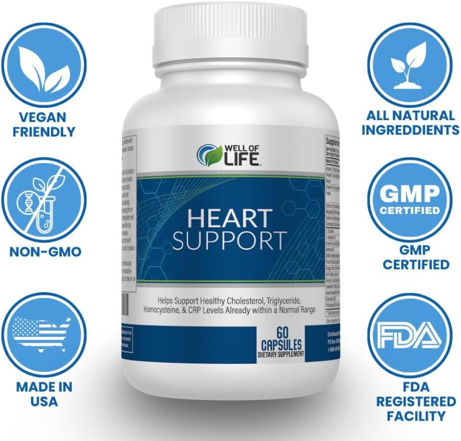 Heart Health Support: 60 Veg Capsules for Normal Cholesterol & Triglyceride Levels - USA Made, GMP Certified, Non-GMO