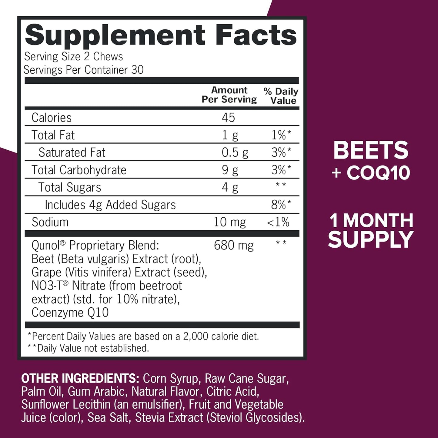 Heart Health Support: Qunol Beets Chews with CoQ10 & Grape Seed Extract - 60 Chews