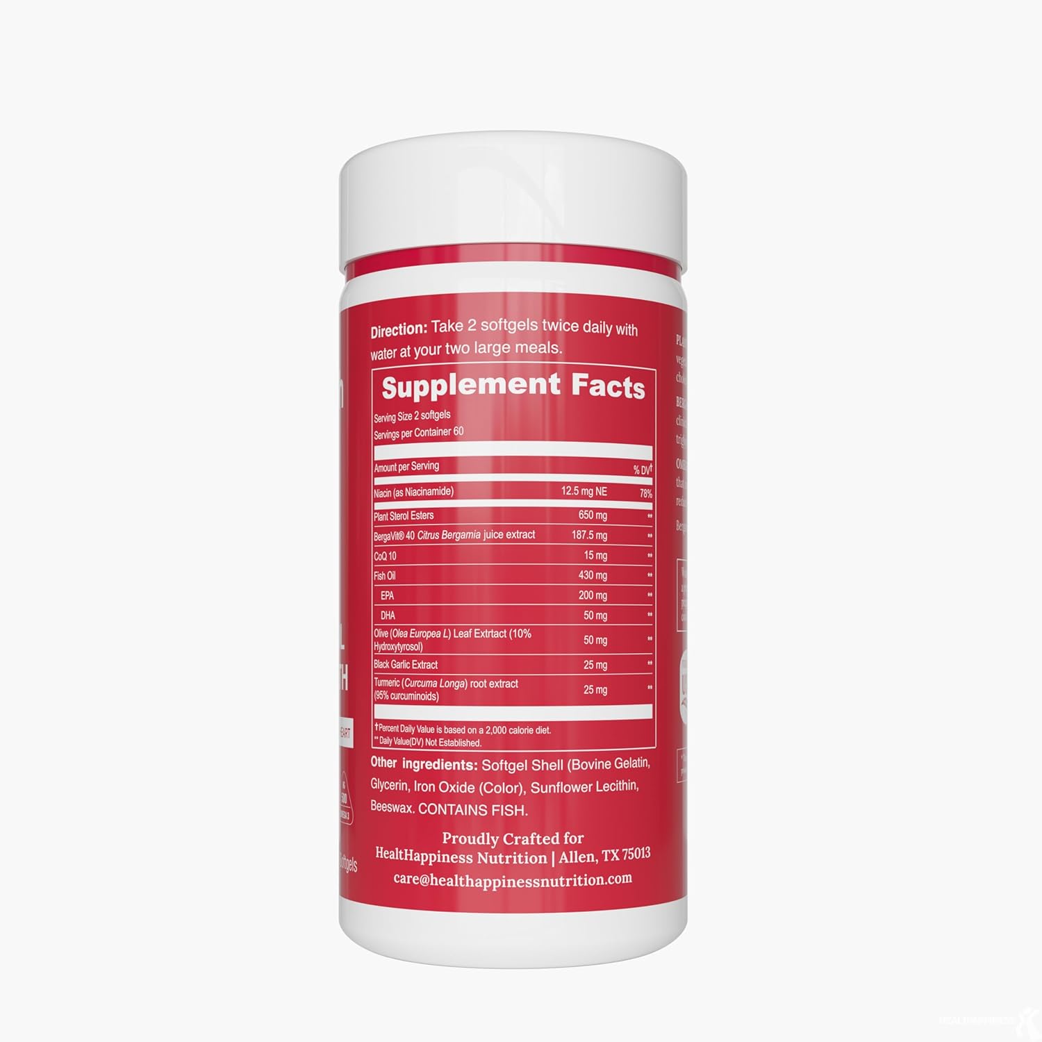 Heart Health Support Supplement with Citrus Bergamot, Plant Sterols, CoQ10, Omega 3, Turmeric, Black Garlic - 120 Softgels
