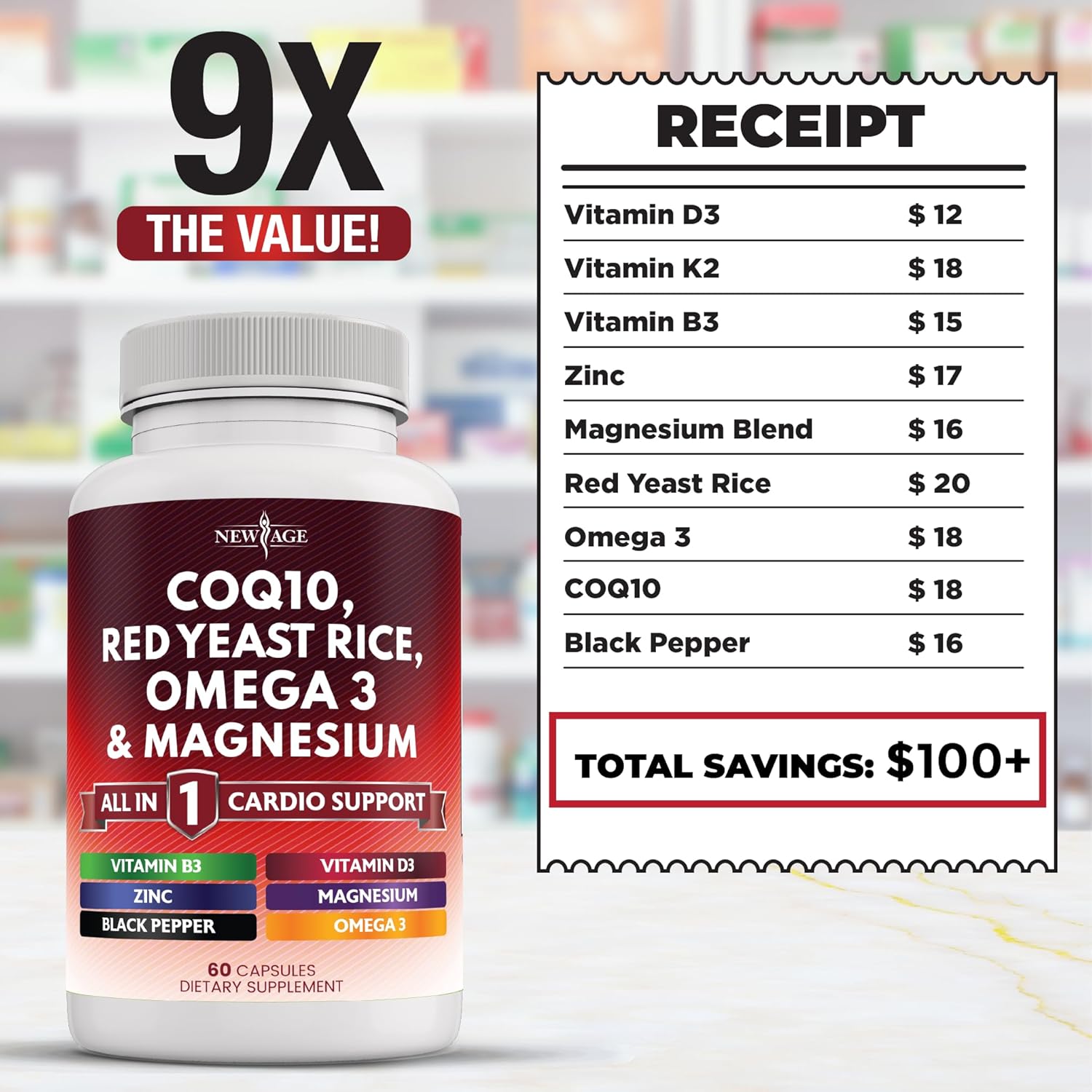 Heart Health Support Vitamins with CoQ10, Red Yeast Rice, Omega 3, Magnesium, Zinc, Vitamin K2, D3, B3 - 60 Count