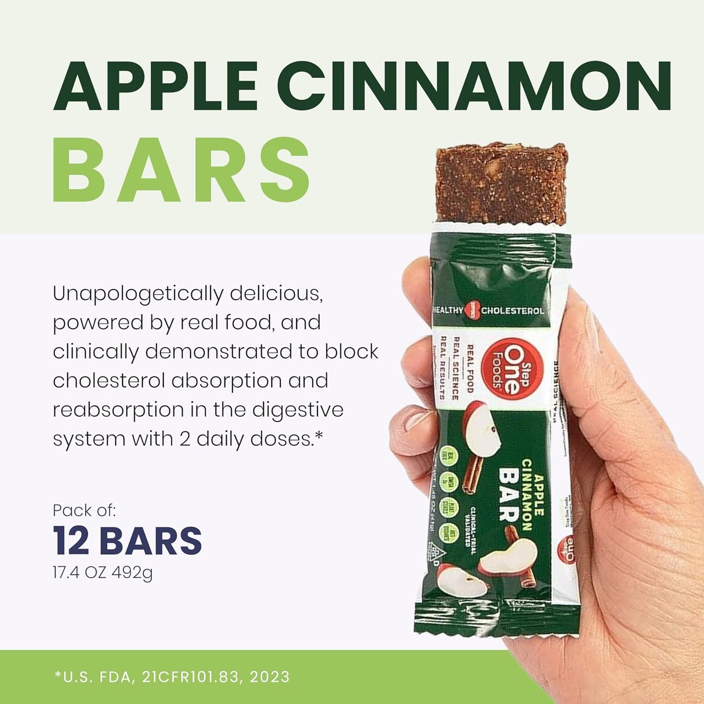 Heart Healthy Apple Cinnamon Bars with Plant Sterols, Omega 3's, and Fiber - Vegan, Gluten Free Snack Bars (12 Pack)