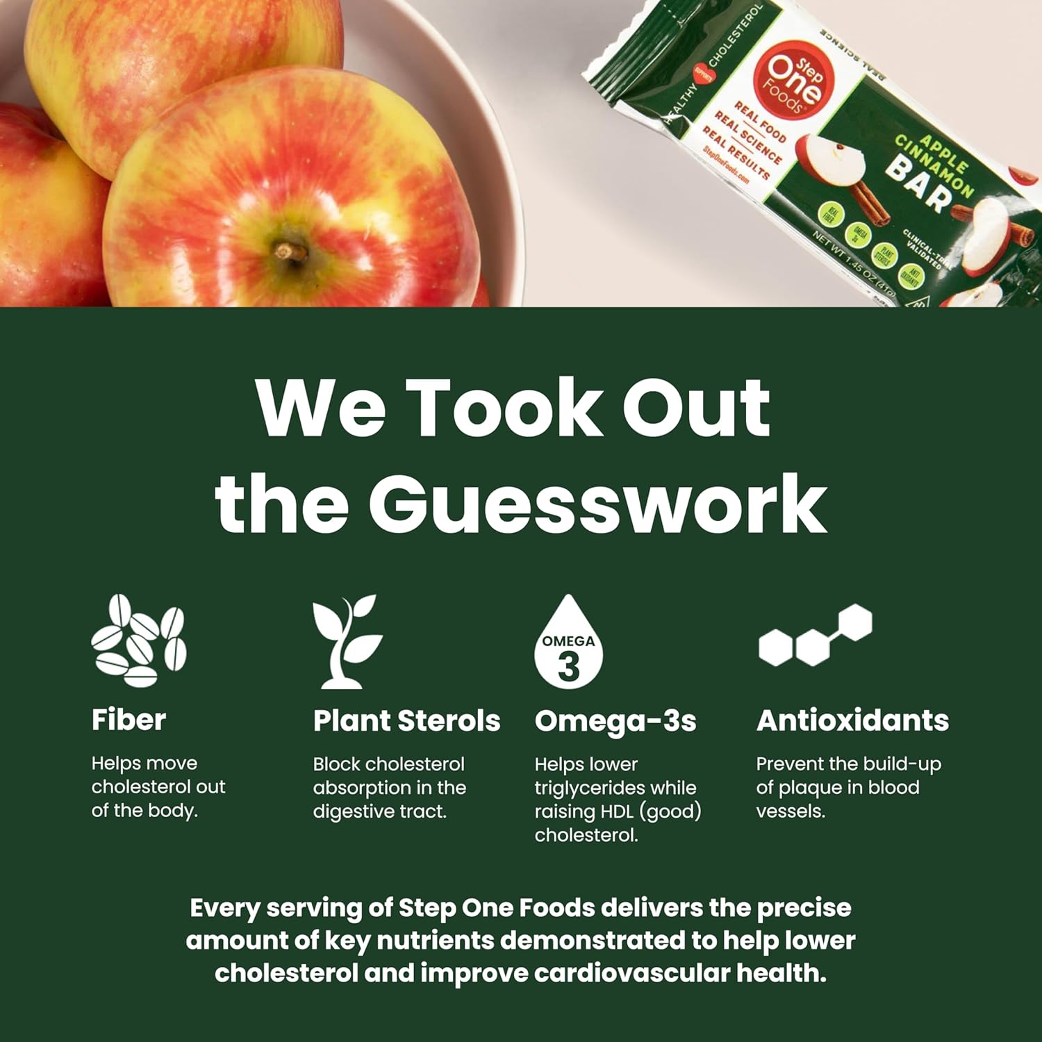 Heart Healthy Apple Cinnamon Bars with Plant Sterols, Omega 3's, and Fiber - Vegan, Gluten Free Snack Bars (12 Pack)