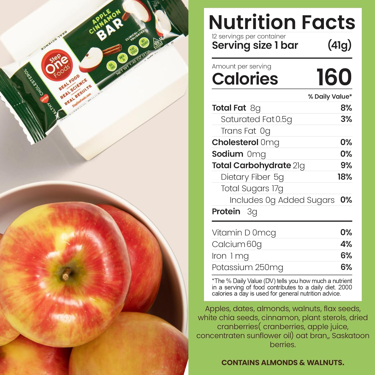 Heart Healthy Apple Cinnamon Bars with Plant Sterols, Omega 3's, and Fiber - Vegan, Gluten Free Snack Bars (12 Pack)