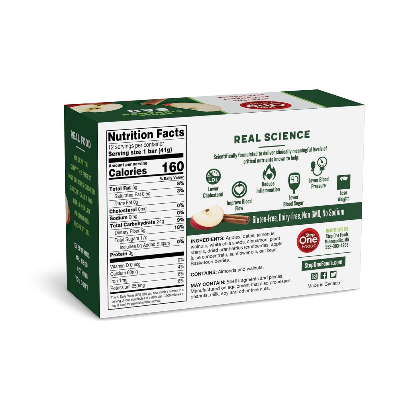 Heart Healthy Apple Cinnamon Bars with Plant Sterols, Omega 3's, and Fiber - Vegan, Gluten Free Snack Bars (12 Pack)