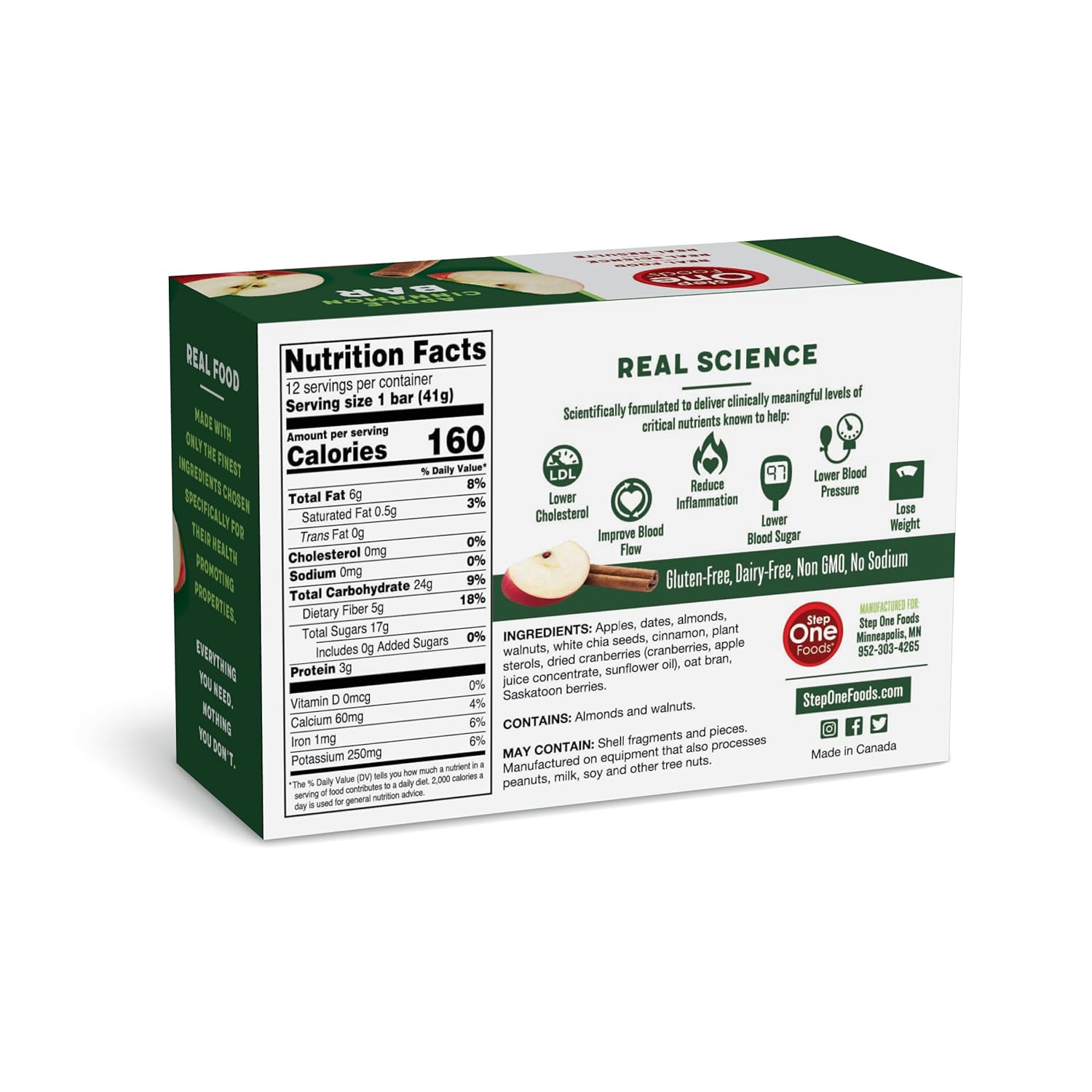 Heart Healthy Apple Cinnamon Bars with Plant Sterols, Omega 3's, and Fiber - Vegan, Gluten Free Snack Bars (12 Pack)