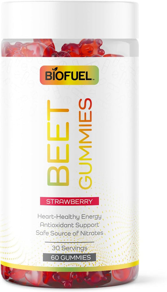 Heart Healthy Biofuel Beet Gummies - Natural Energy & Antioxidant Boost, Nitrate-Rich Formula, 60 Count, 2 Gummies/serv.