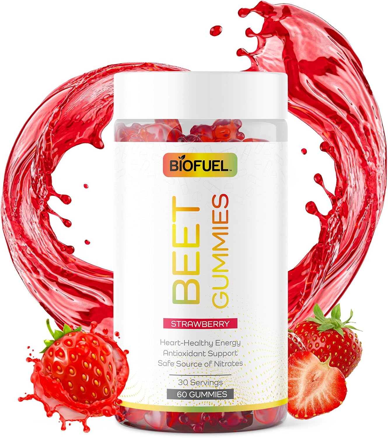Heart Healthy Biofuel Beet Gummies - Natural Energy & Antioxidant Boost, Nitrate-Rich Formula, 60 Count, 2 Gummies/serv.