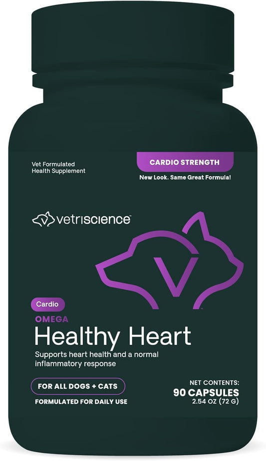 Heart Support Supplement for Dogs & Cats - Omega-3 & Taurine Capsules - VetriScience Cardio Strength - 90 Count