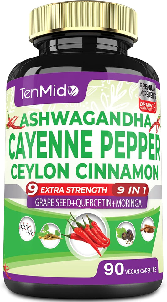 Heart Wellness & Digestive Health Supplements with Cayenne Pepper, Ashwagandha, Ceylon Cinnamon - 90 Capsules - 3 Months Supply