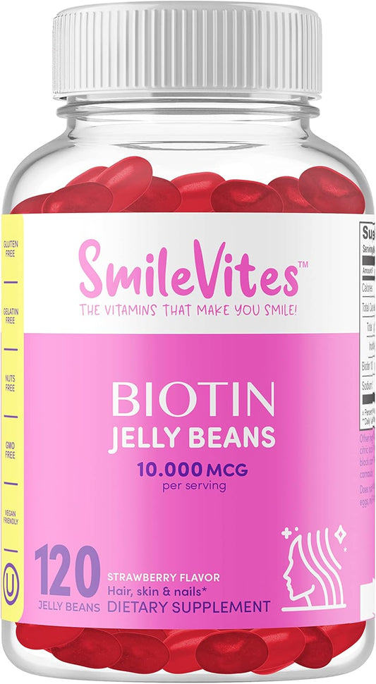 Heartland Pharma Biotin 10,000 MGC Jelly Beans - Hair, Skin & Nails Support - Vegan, Gluten-Free, Non-GMO - Strawberry Flavor - 120 Count