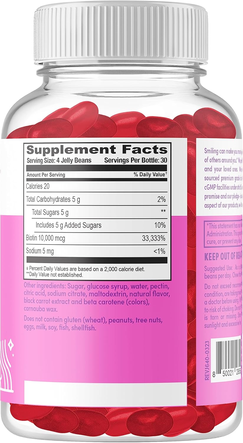 Heartland Pharma Biotin 10,000 MGC Jelly Beans - Hair, Skin & Nails Support - Vegan, Gluten-Free, Non-GMO - Strawberry Flavor - 120 Count