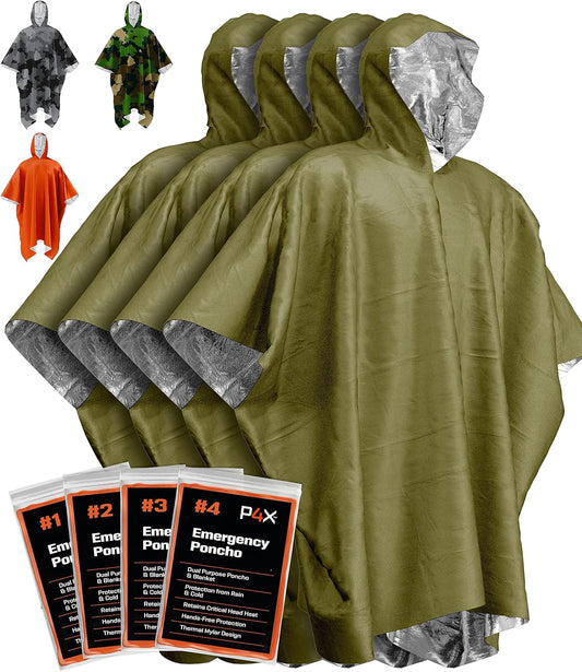Heavy Duty Green Emergency Poncho with Mylar Blanket Liner - Waterproof and Wind-Resistant Thermal Poncho for Outdoors, Camping, and Car Emergency Kits