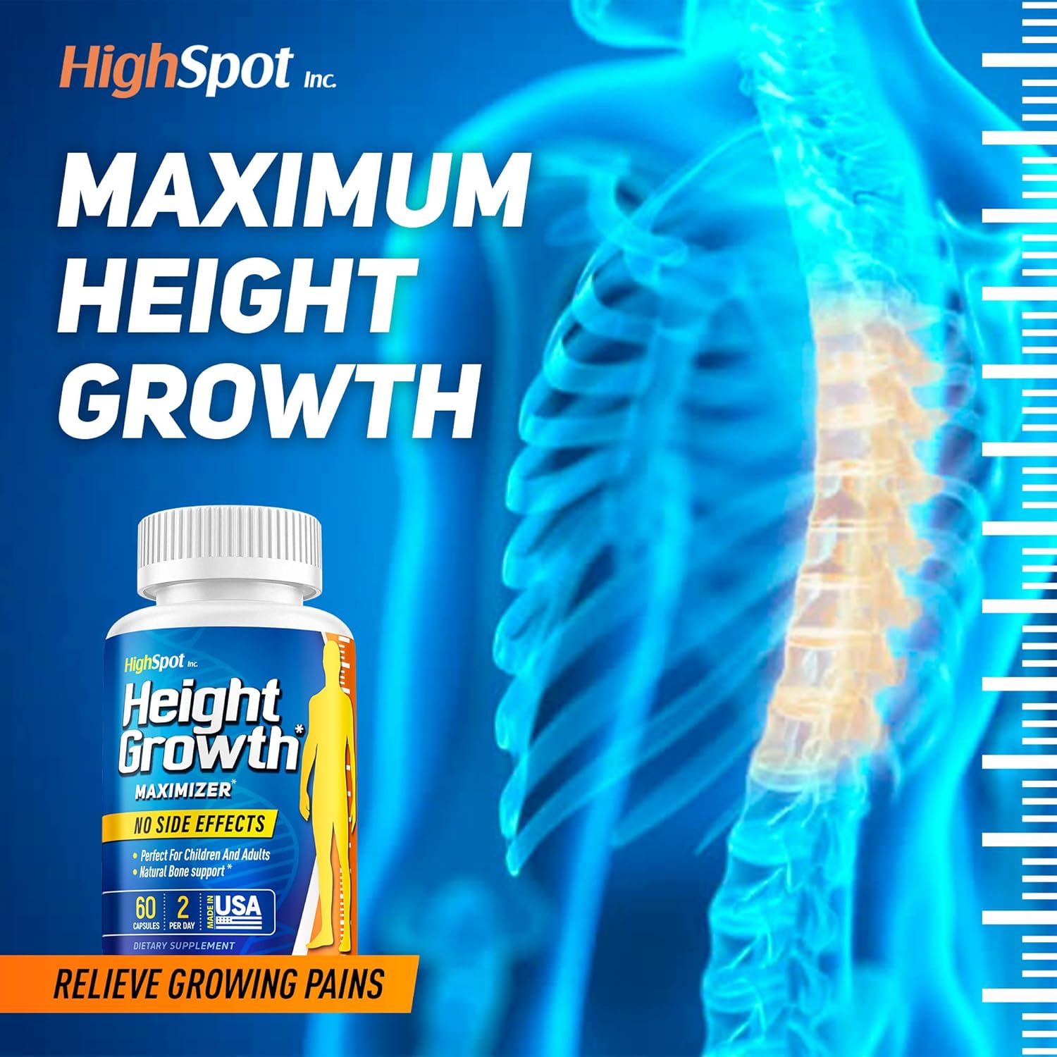 Height Growth Maximizer Supplement with Calcium, Vitamin D3, B1, B2 - Grow Taller and Strengthen Bones - USA Made - White Color