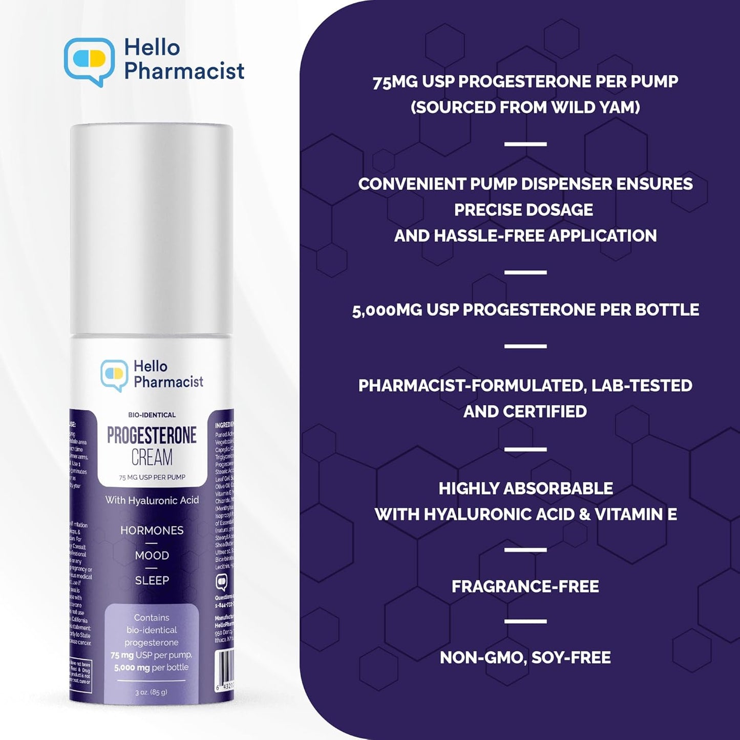 HelloPharmacist Bio-Identical Progesterone Cream - Maximum Strength 5,000mg with Hyaluronic Acid and Moisturizers - 75mg USP Per Pump - Fragrance-Free