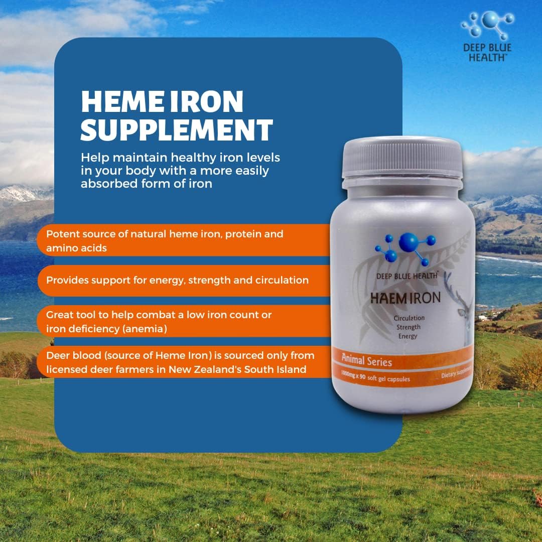 Heme Iron Supplement 1000mg x 90 Soft Gel Capsules for Anemia, Energy, and Circulation - Deer Blood with Ferrous Fumarate - Supports Men and Women