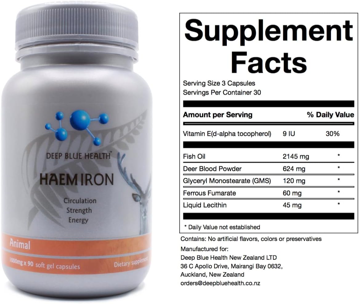 Heme Iron Supplement 1000mg x 90 Soft Gel Capsules for Anemia, Energy, and Circulation - Deer Blood with Ferrous Fumarate - Supports Men and Women