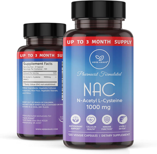Herb Krave NAC Supplement 1000mg Capsules - Liver, Lung, Immune System Support - Natural Antioxidant for Fertility - 120 N-Acetyl-L-Cysteine Capsules