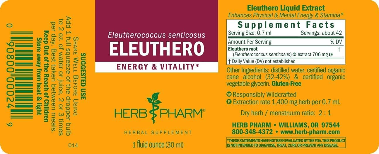 Herb Pharm Eleuthero Root Liquid Extract - Boost Energy and Endurance with Cane Alcohol, 1 oz