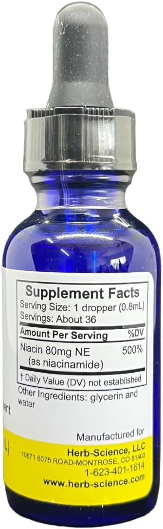 Herb-Science Liquid Vitamin B3 Drops - Cold Processed Niacin Supplement for Tongue & Skin - Vegan, Non-Alcoholic, Quality Tested - 1 Fl. Oz