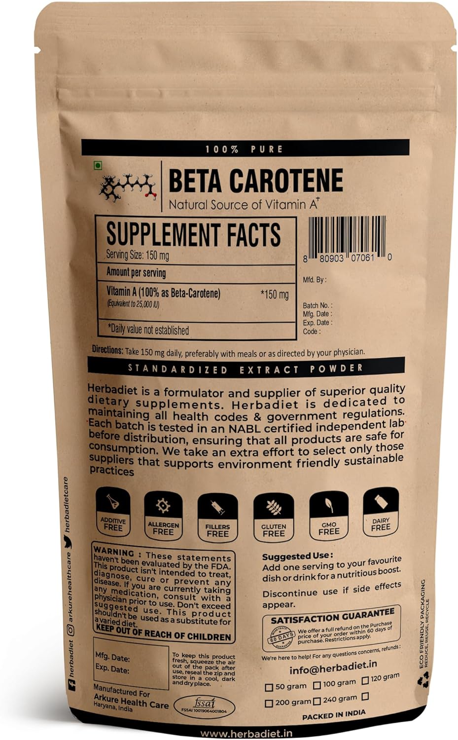 Herbadiet Beta Carotene Powder 10% Vitamin A 25000 IU | Antioxidant Supplement for Immune System Support, Healthy Vision, Eyes & Skin | 100% Natural Betacarotene (1.76 oz - 50g)
