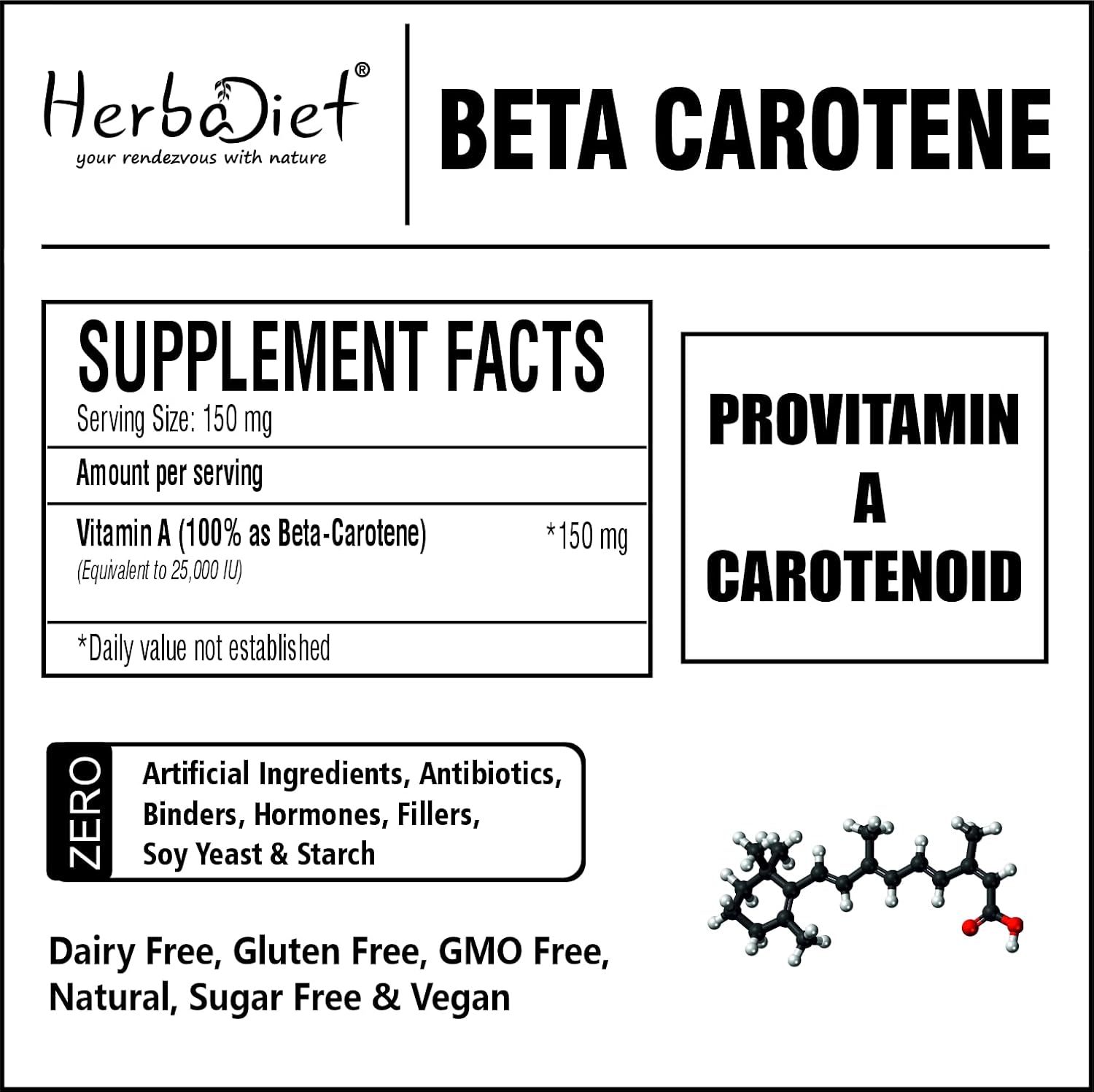 Herbadiet Beta Carotene Powder 10% Vitamin A 25000 IU | Antioxidant Supplement for Immune System Support, Healthy Vision, Eyes & Skin | 100% Natural Betacarotene (1.76 oz - 50g)