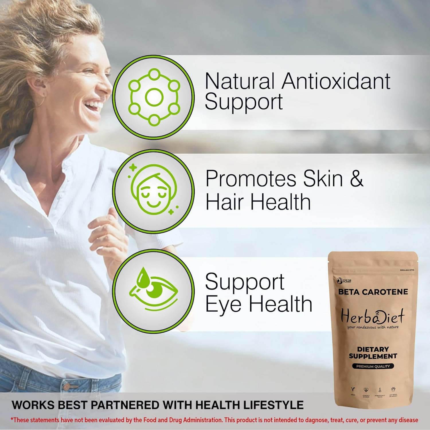 Herbadiet Beta Carotene Powder 10% Vitamin A 25000 IU | Antioxidant Supplement for Immune System Support, Healthy Vision, Eyes & Skin | 100% Natural Betacarotene (1.76 oz - 50g)