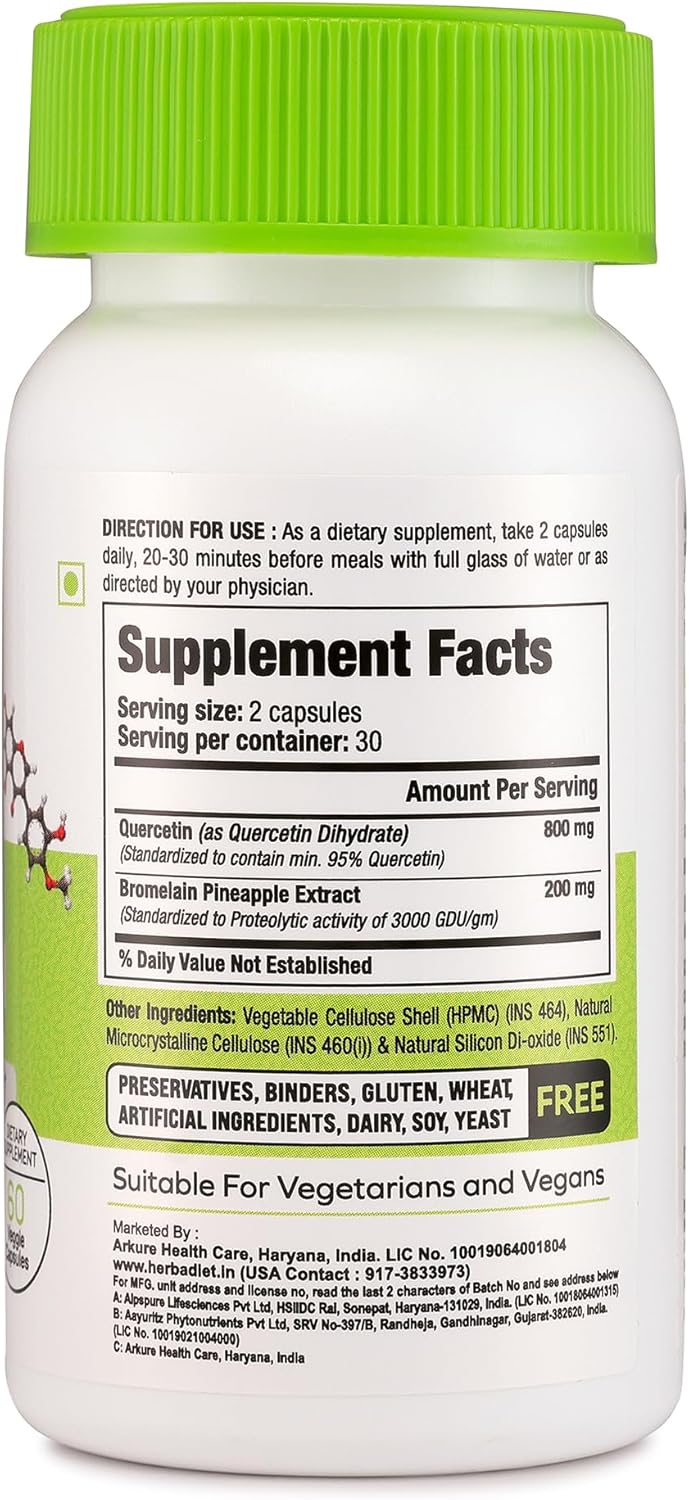 Herbadiet Quercetin with Bromelain 500mg Capsules - Immune & Heart Health Support Supplement (120 Capsules)