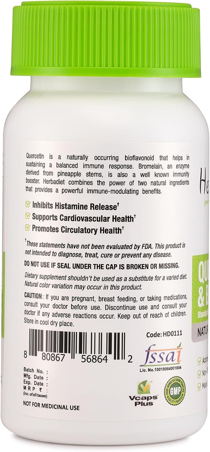 Herbadiet Quercetin with Bromelain 500mg Capsules - Immune & Heart Health Support Supplement (120 Capsules)