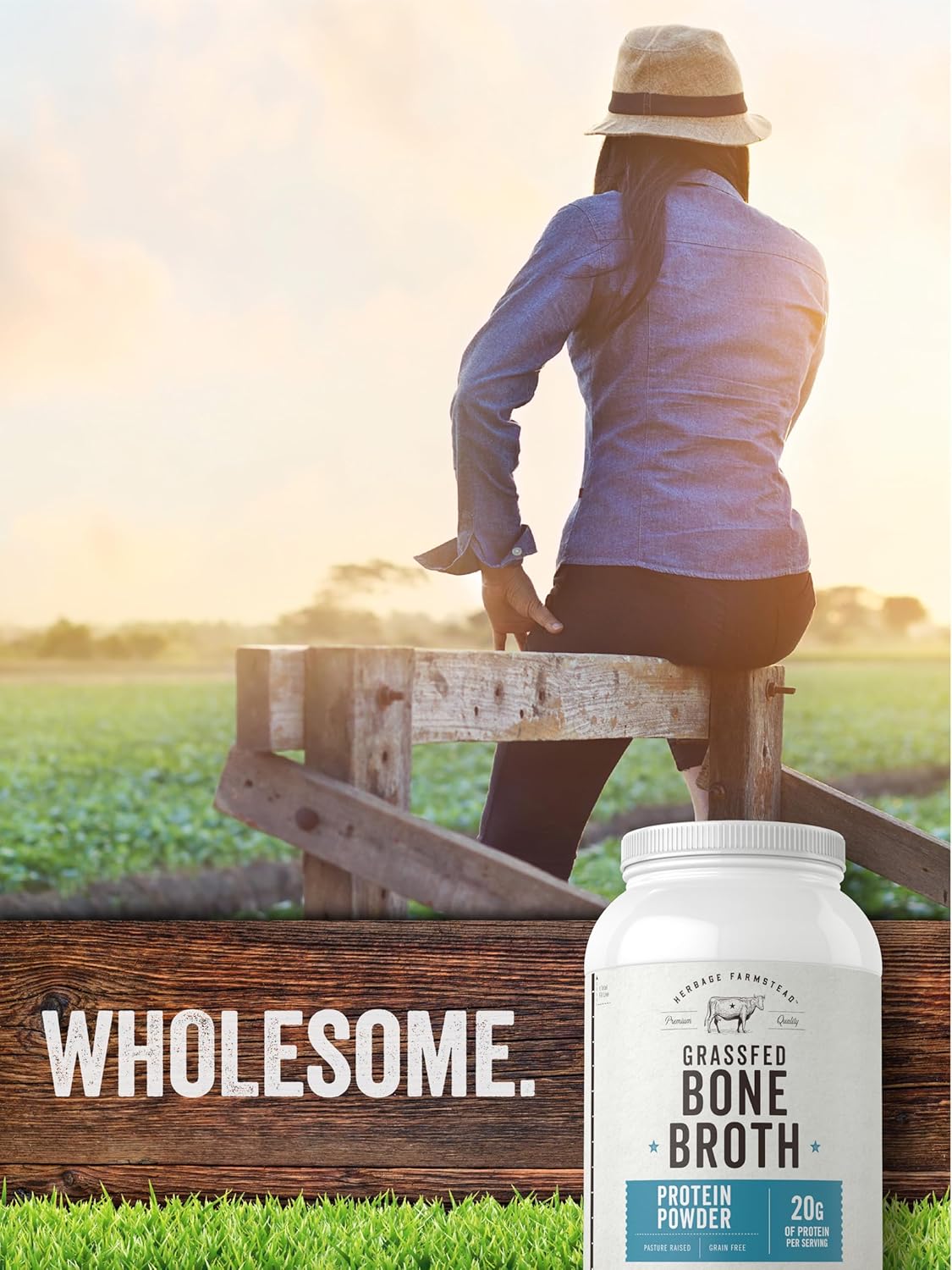 Herbage Farmstead Carlyle Grass Fed Bone Broth Protein Powder - 35.2 oz (2.2lb) - 20g Protein - Pasture Raised, Grain Free - Non-GMO & Gluten Free