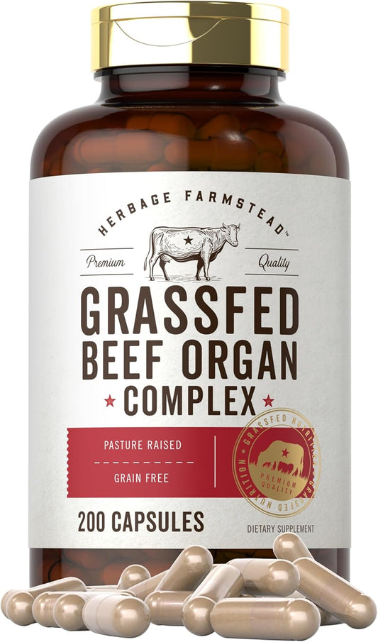 Herbage Farmstead Grass Fed Beef Organ Complex - 200 Capsules - Pasture Raised, Grain Free Supplement with Desiccated Liver, Kidney, Pancreas, Heart, Spleen - Non-GMO, Gluten Free