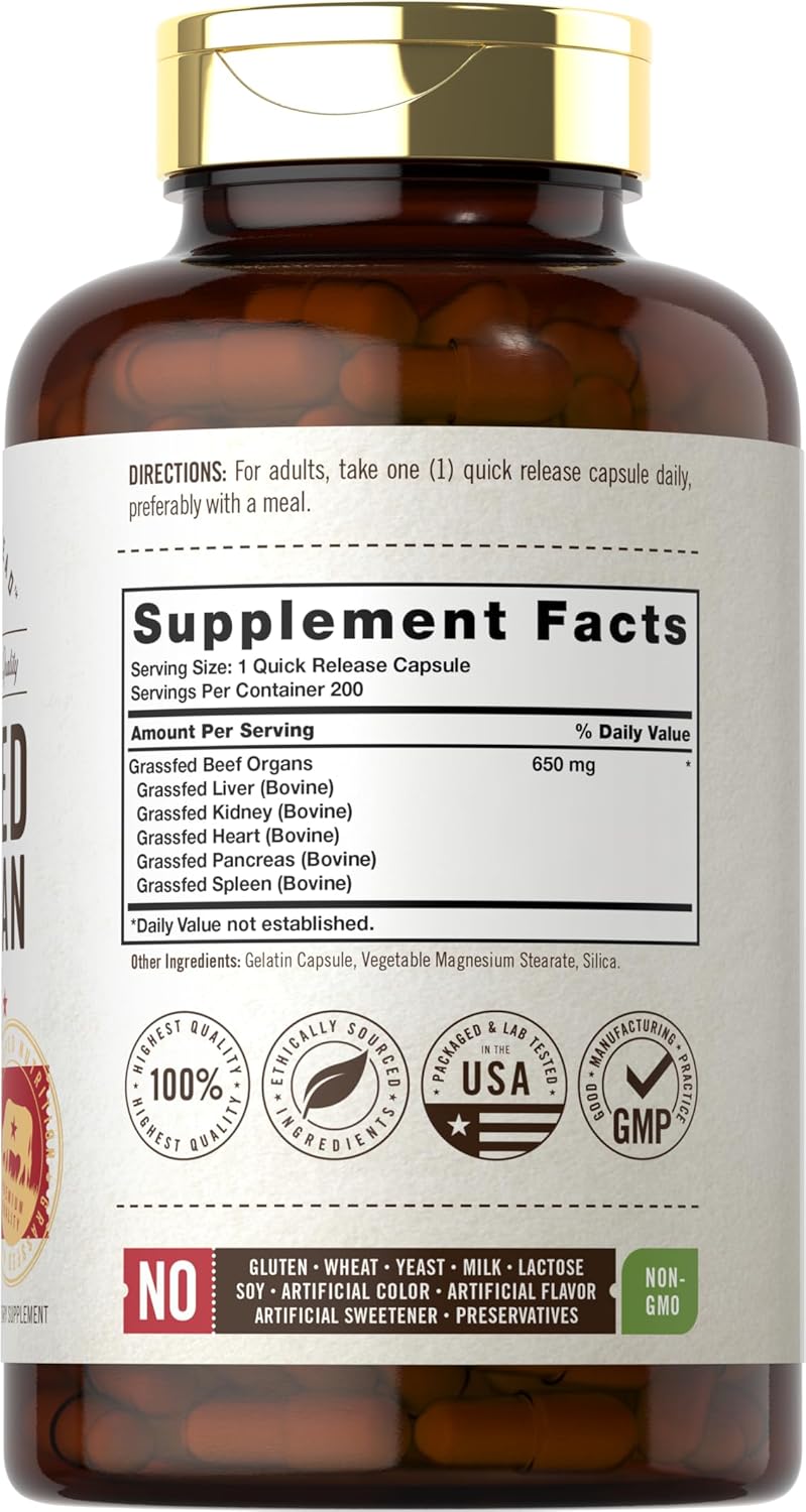 Herbage Farmstead Grass Fed Beef Organ Complex - 200 Capsules - Pasture Raised, Grain Free Supplement with Desiccated Liver, Kidney, Pancreas, Heart, Spleen - Non-GMO, Gluten Free