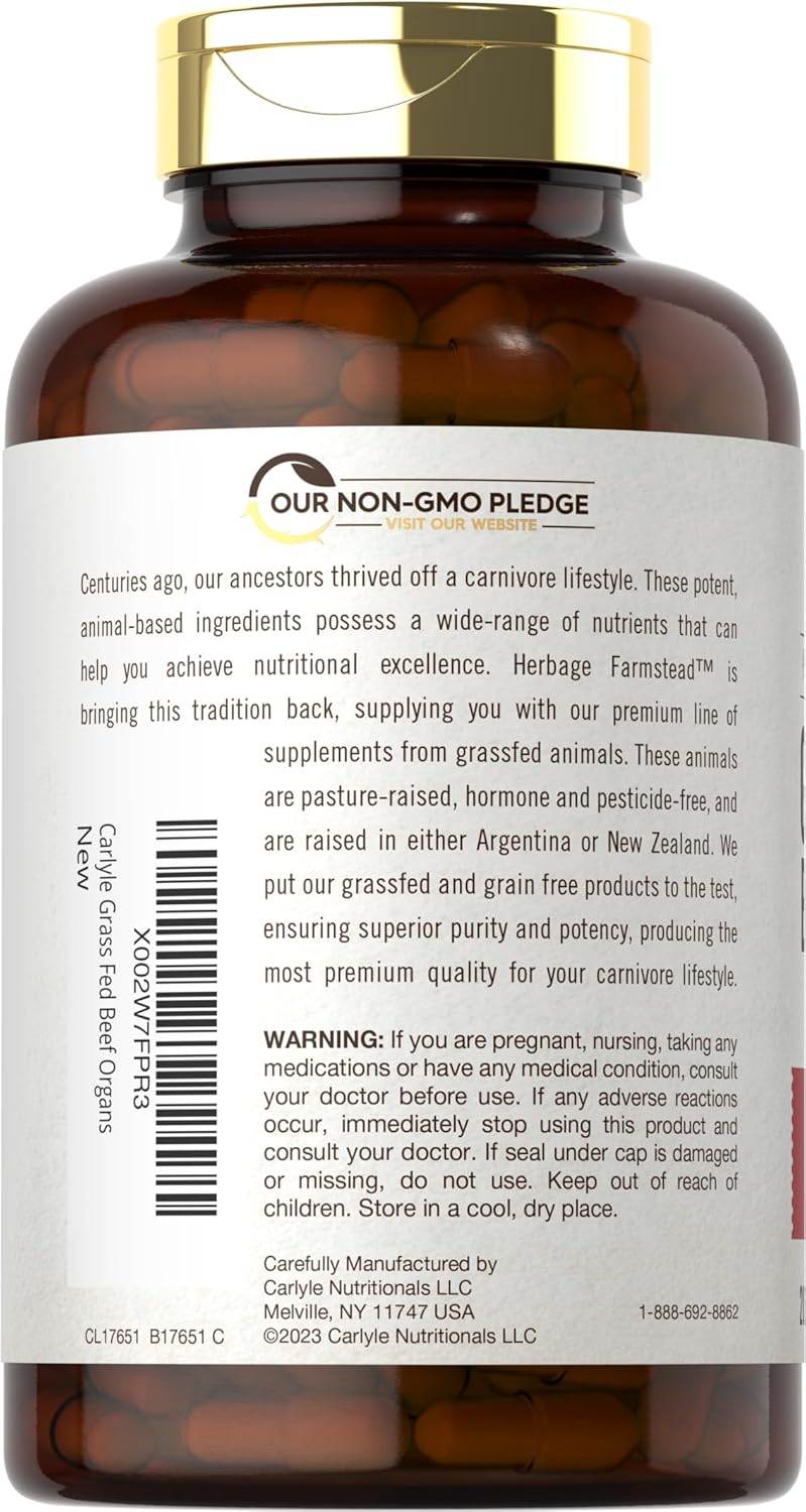 Herbage Farmstead Grass Fed Beef Organ Complex - 200 Capsules - Pasture Raised, Grain Free Supplement with Desiccated Liver, Kidney, Pancreas, Heart, Spleen - Non-GMO, Gluten Free