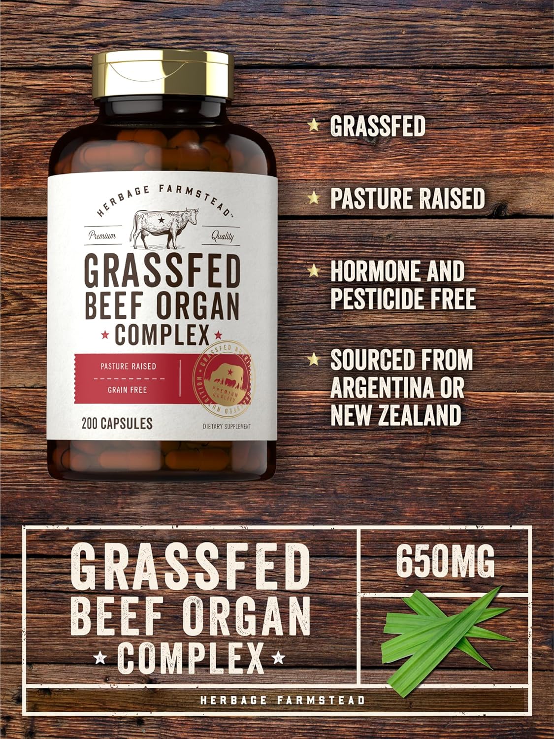 Herbage Farmstead Grass Fed Beef Organ Complex - 200 Capsules - Pasture Raised, Grain Free Supplement with Desiccated Liver, Kidney, Pancreas, Heart, Spleen - Non-GMO, Gluten Free