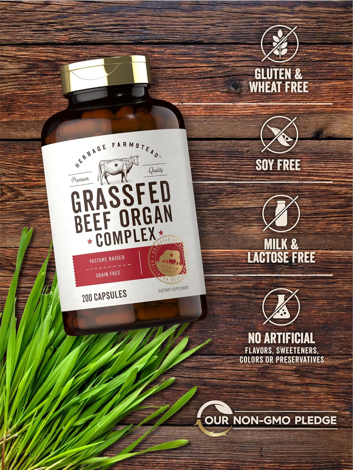 Herbage Farmstead Grass Fed Beef Organ Complex - 200 Capsules - Pasture Raised, Grain Free Supplement with Desiccated Liver, Kidney, Pancreas, Heart, Spleen - Non-GMO, Gluten Free