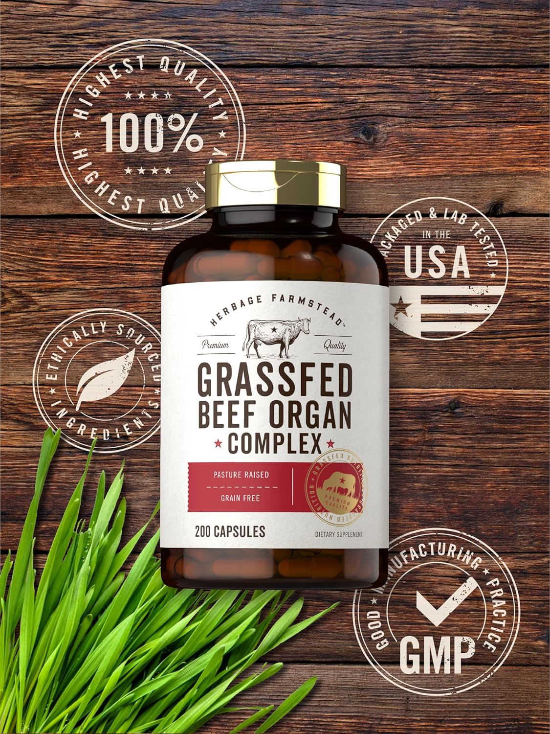 Herbage Farmstead Grass Fed Beef Organ Complex - 200 Capsules - Pasture Raised, Grain Free Supplement with Desiccated Liver, Kidney, Pancreas, Heart, Spleen - Non-GMO, Gluten Free