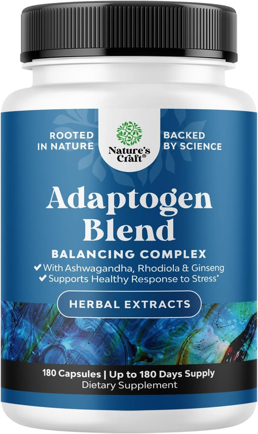 Herbal Adaptogen Mood Support Supplement - Natural Stress Relief with Ashwagandha, Rhodiola Rosea, and Maca Root - Vegan & Non-GMO - 180 Capsules