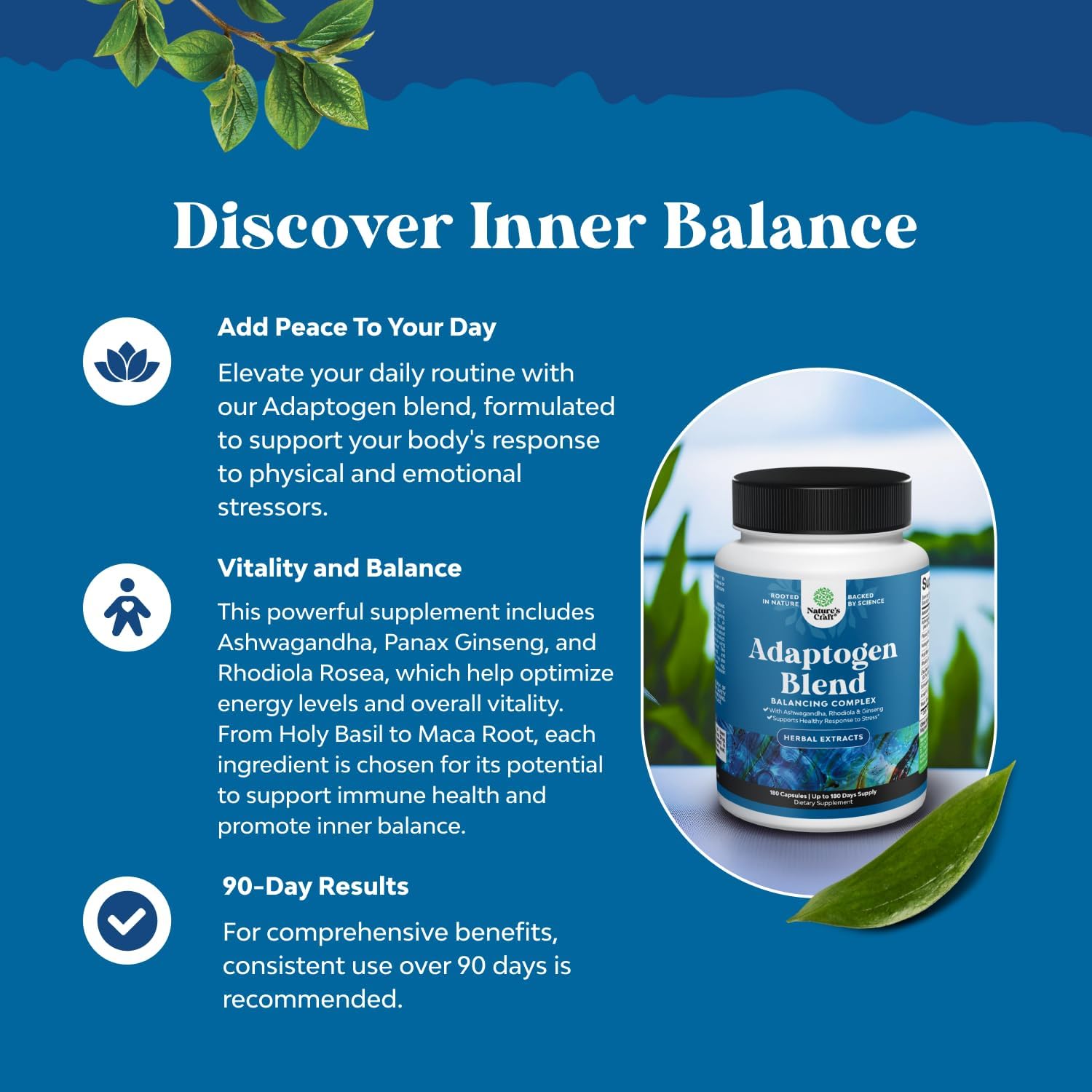 Herbal Adaptogen Mood Support Supplement - Natural Stress Relief with Ashwagandha, Rhodiola Rosea, and Maca Root - Vegan & Non-GMO - 180 Capsules