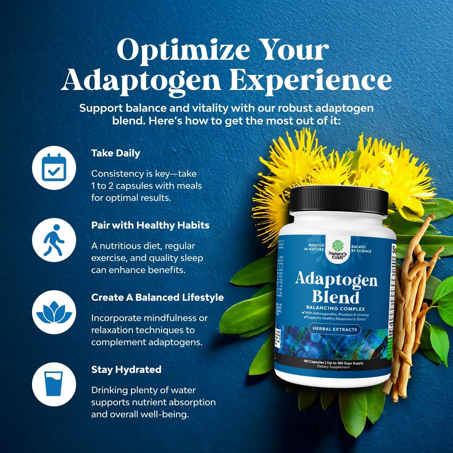 Herbal Adaptogen Mood Support Supplement - Natural Stress Relief with Ashwagandha, Rhodiola Rosea, and Maca Root - Vegan & Non-GMO - 180 Capsules