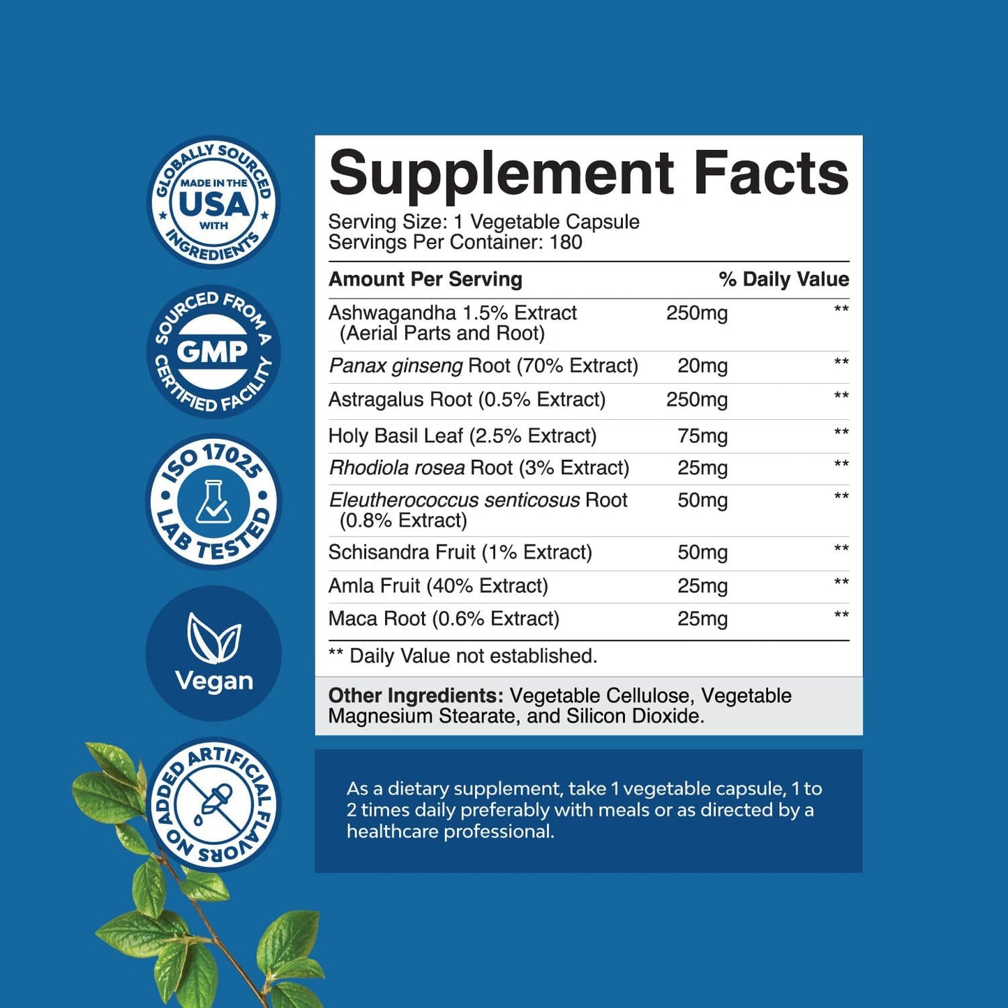 Herbal Adaptogen Mood Support Supplement - Natural Stress Relief with Ashwagandha, Rhodiola Rosea, and Maca Root - Vegan & Non-GMO - 180 Capsules
