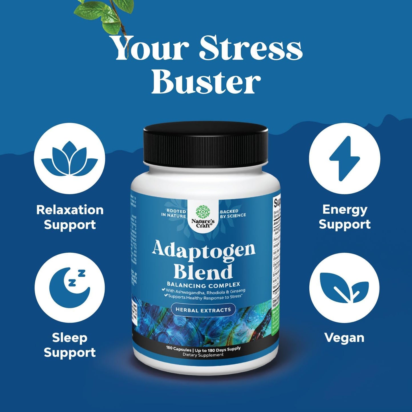 Herbal Adaptogen Mood Support Supplement - Natural Stress Relief with Ashwagandha, Rhodiola Rosea, and Maca Root - Vegan & Non-GMO - 180 Capsules