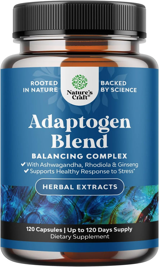 Herbal Adaptogen Mood Support Supplement with Ashwagandha, Rhodiola Rosea & Maca Root - Vegan, Non-GMO, Stress & Cortisol Management - 120ct