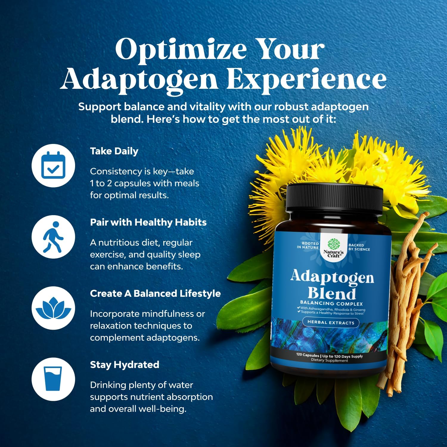 Herbal Adaptogen Mood Support Supplement with Ashwagandha, Rhodiola Rosea & Maca Root - Vegan, Non-GMO, Stress & Cortisol Management - 120ct