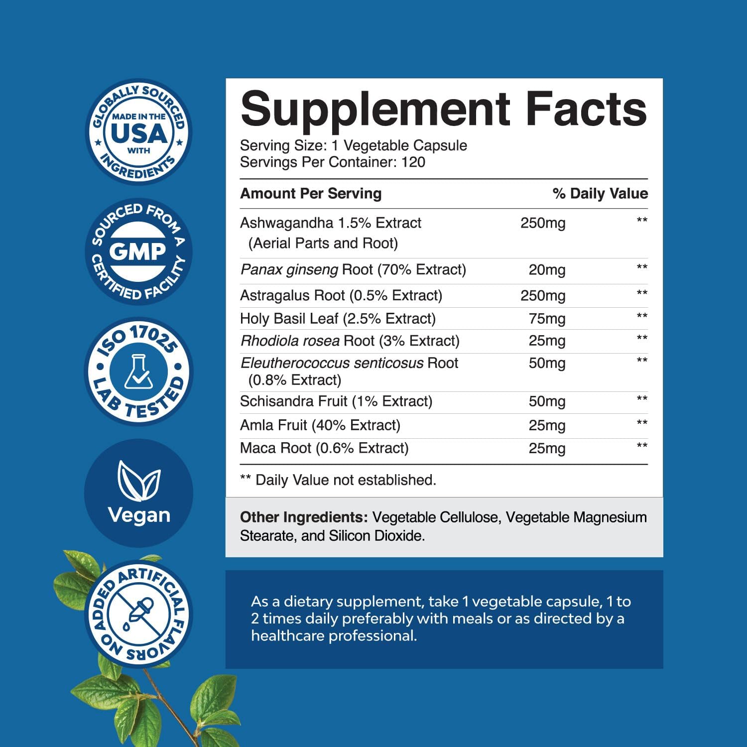 Herbal Adaptogen Mood Support Supplement with Ashwagandha, Rhodiola Rosea & Maca Root - Vegan, Non-GMO, Stress & Cortisol Management - 120ct