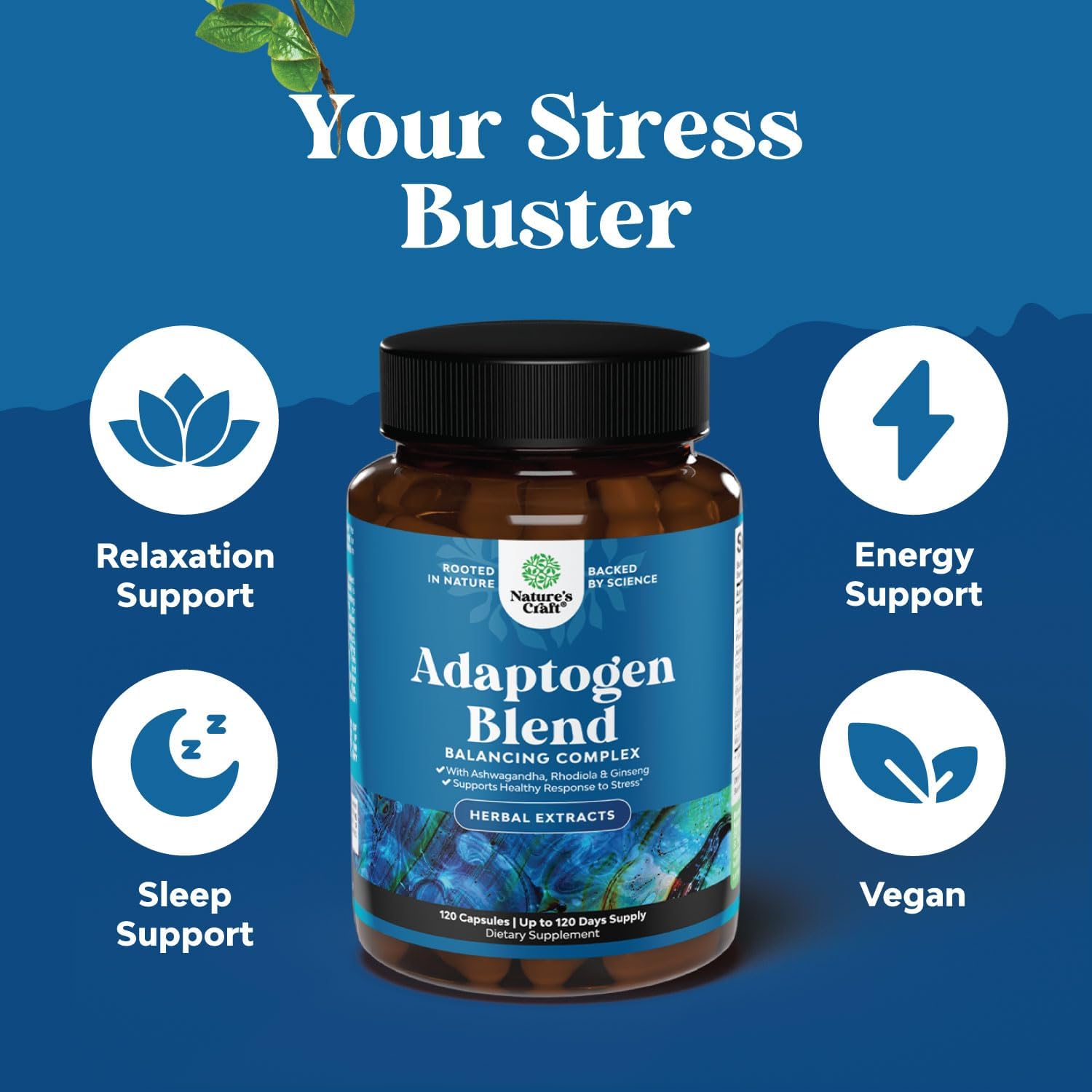 Herbal Adaptogen Mood Support Supplement with Ashwagandha, Rhodiola Rosea & Maca Root - Vegan, Non-GMO, Stress & Cortisol Management - 120ct